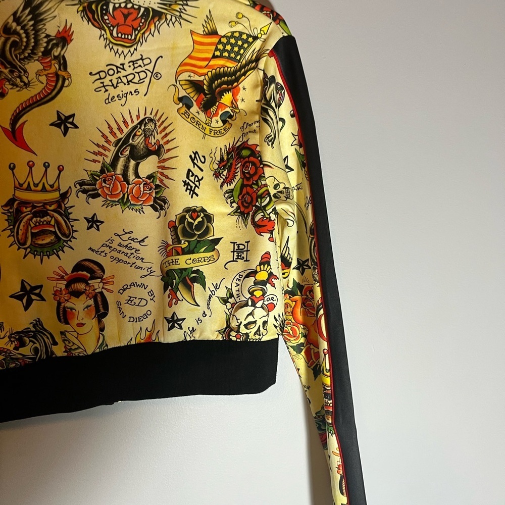 Ed Hardy Women's Yellow Bomber Jacket with Tattoo Print - Picture 14 of 15